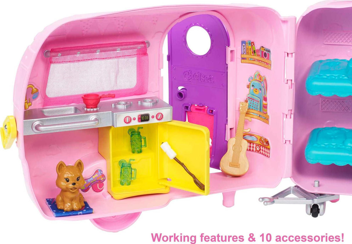 Barbie Club Chelsea Toy Car & Camper Playset, Blonde Chelsea Small Doll, Puppy & 10+ Accessories, Unhitch & Open for Campsite