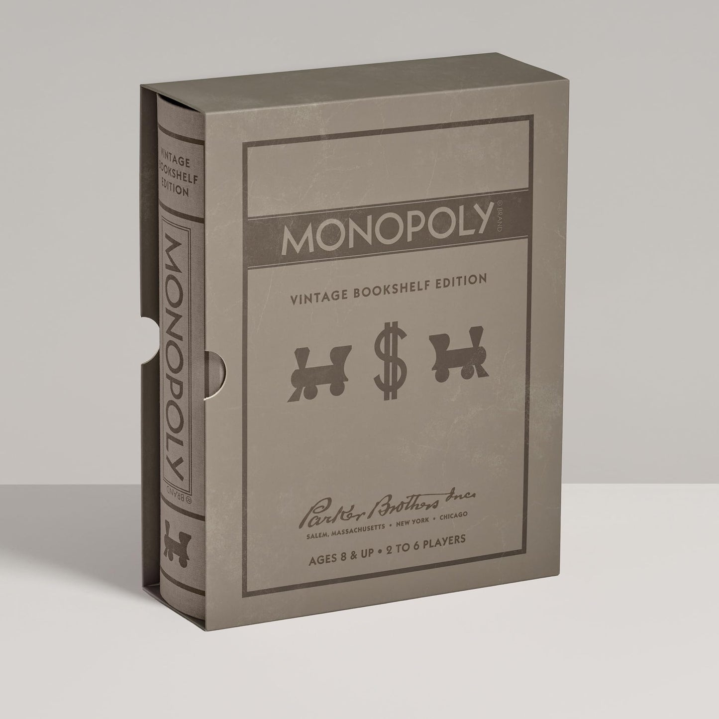 WS Game Company Monopoly Vintage Bookshelf Edition Board Game Premium Fabric-Wrapped Book Storage Box with Retro Graphics, Wooden Houses, Strategy