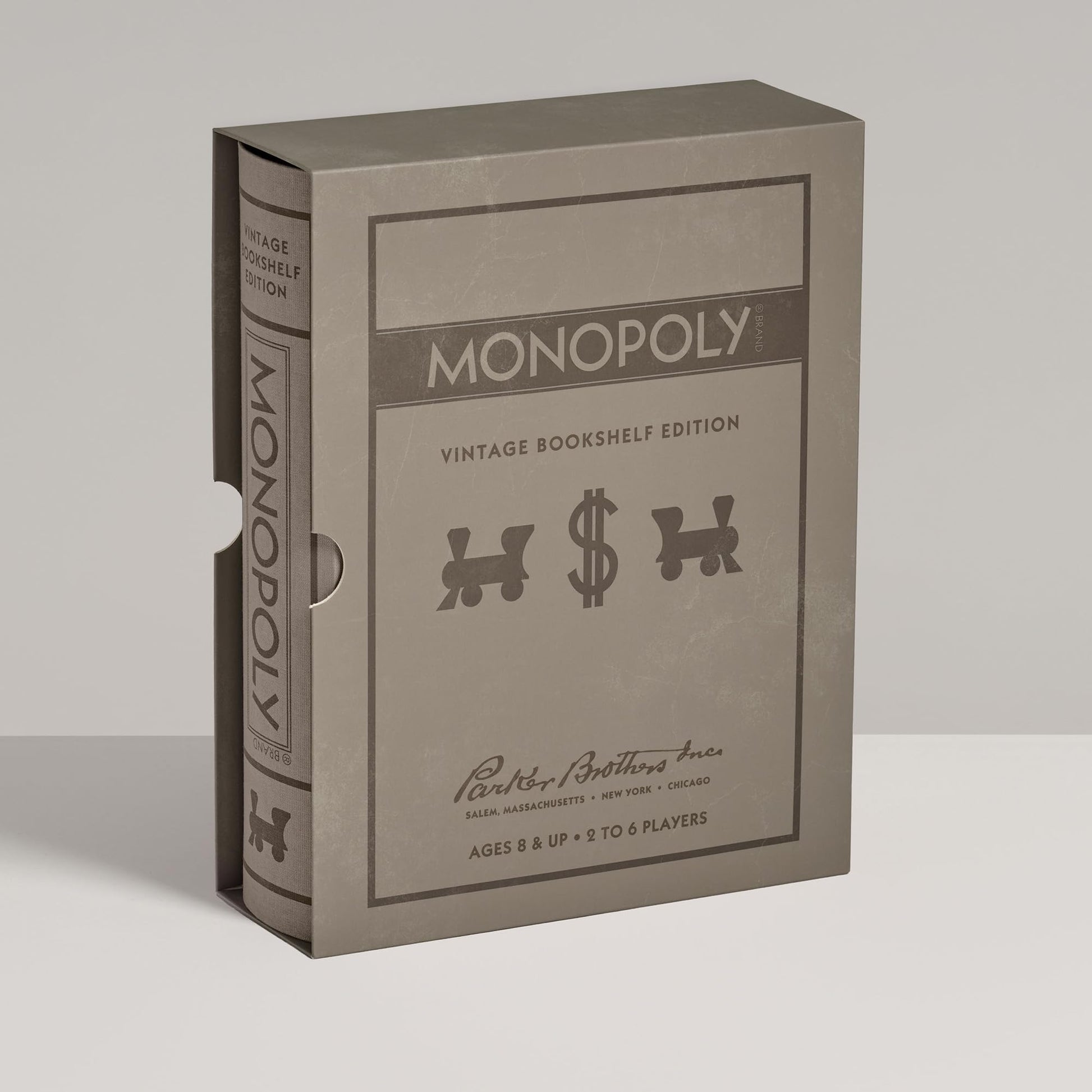 WS Game Company Monopoly Vintage Bookshelf Edition Board Game Premium Fabric-Wrapped Book Storage Box with Retro Graphics, Wooden Houses, Strategy