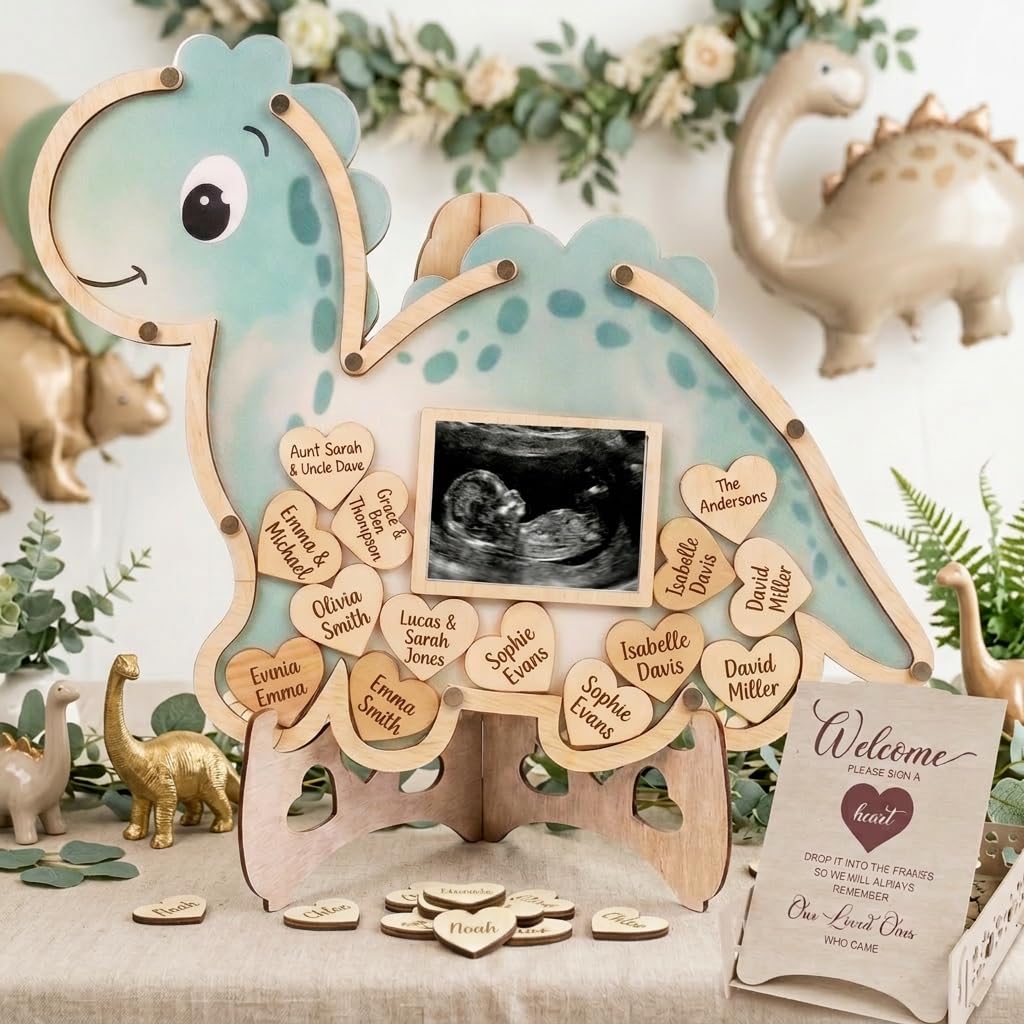 Dinosaur Guest Book Alternative Keepsake Frame - Baby Shower - Birthdays - Gender Reveal - Decorations - Premium Wooden Shadow Box Nursery Decorations