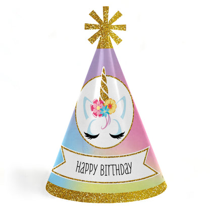 Rainbow Unicorn - Cone Magical Unicorn Happy Birthday Party Hats for Kids and Adults - Set of 8 (Standard Size)