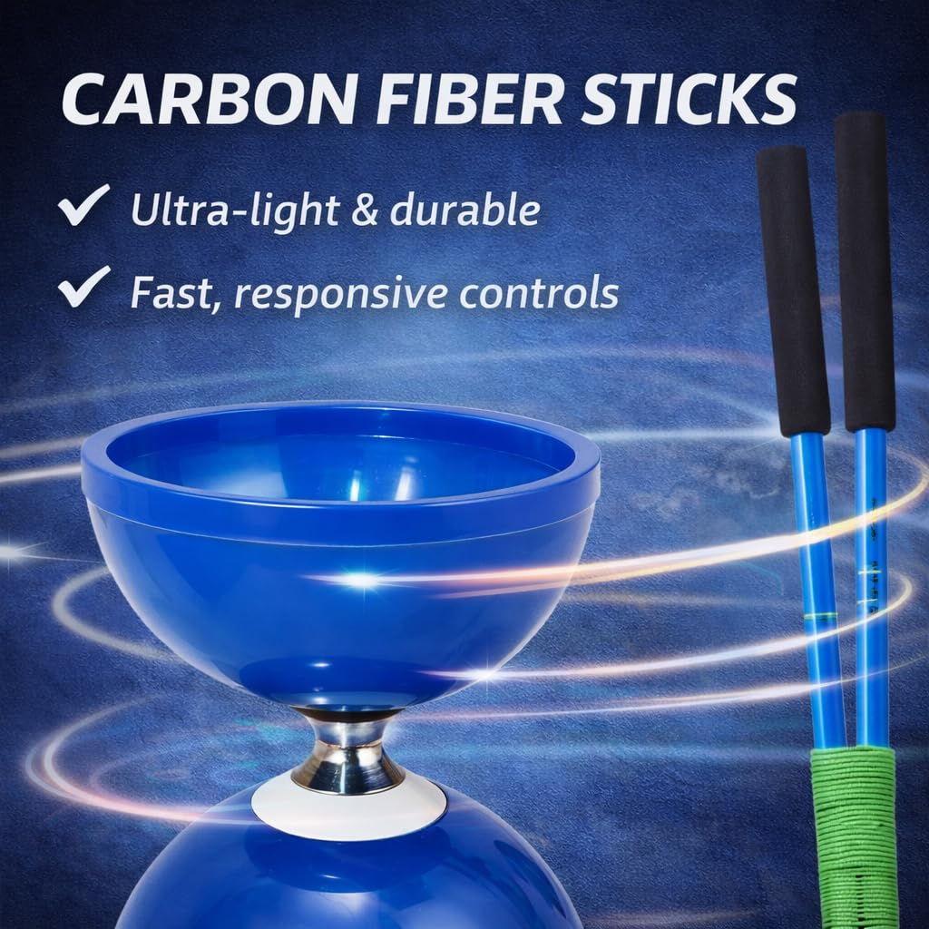Flight Pro Diabolo Chinese Yoyo Skill Toy Triple Bearing Toy, with Carbon Fiber Sticks, Extra String & Net Bag - Medium Size 5” Blue