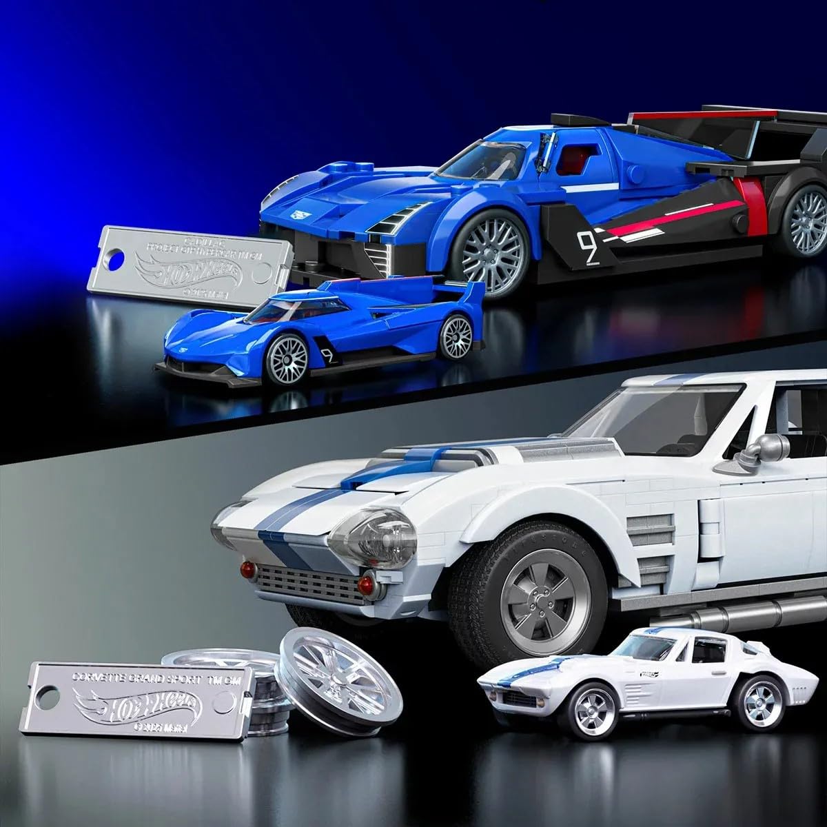 Mattel Brick Shop Building Set, Cadillac GTP Hypercar and Corvette Grand Sport, 1154 Pieces, Ages 10+, Racing Cars Collection Includes 2 Metal