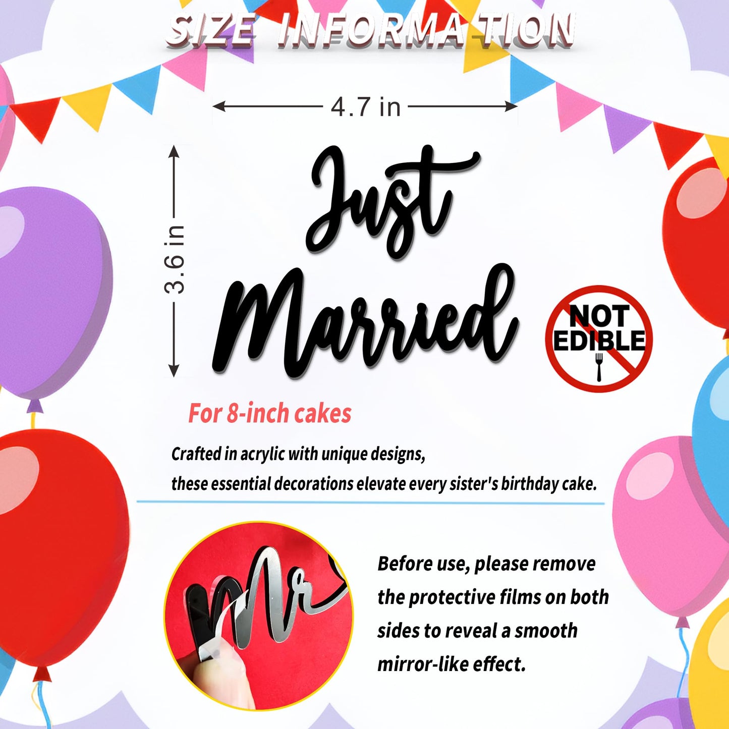 Just Married Cake Topper - Acrylic Wedding Cake Topper for Bride and Groom, Engagement, Bridal Shower Decorations, Elegant Sign for Cake (Just