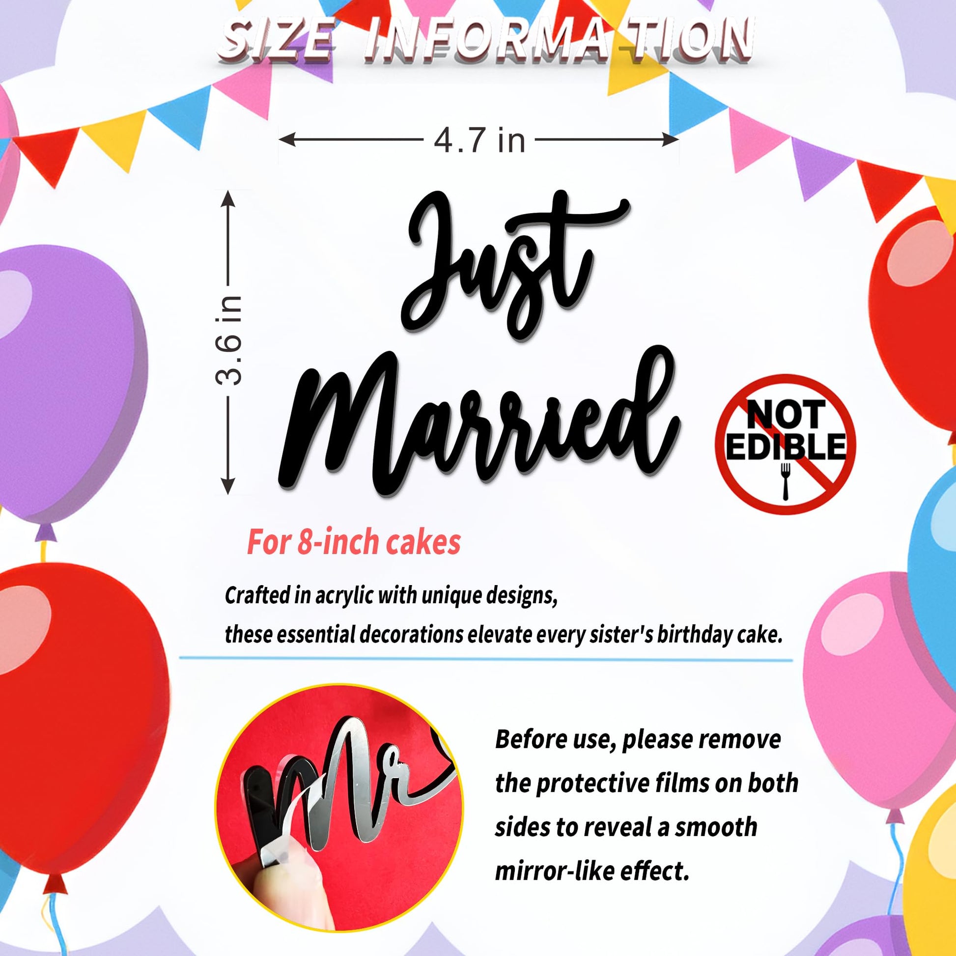 Just Married Cake Topper - Acrylic Wedding Cake Topper for Bride and Groom, Engagement, Bridal Shower Decorations, Elegant Sign for Cake (Just