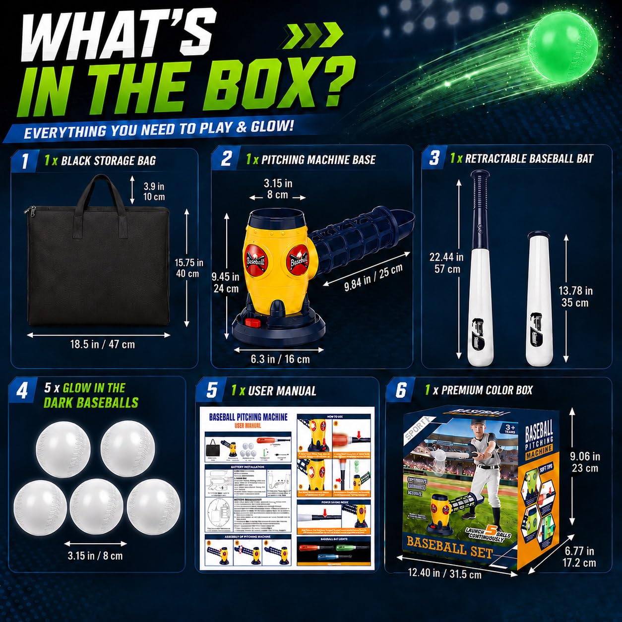 Kids Baseball Auto Pitching Machine T Ball Set, Remote Bat, 5 Glow Balls
