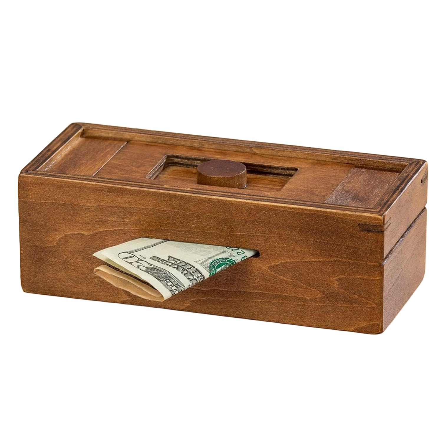 Bits and Pieces Secret Money Puzzle Box - Stash Your Cash Money Holder - Wooden Brain Teaser - Wooden Secret Hidden Compartment (Single Knob Puzzle