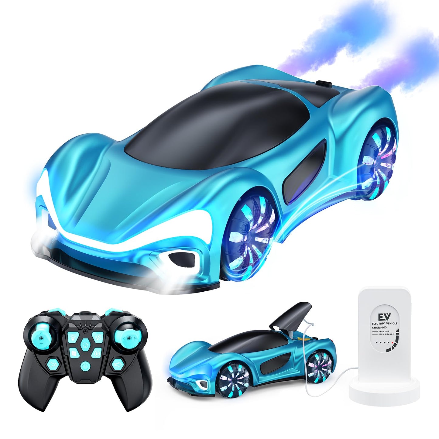 ECOSAT-QIU Remote Control Car,RC Cars Boys Toys for 6 7 8 9 10 11 12 Year Old 2.4GHz 360° Rotate RC Cars with Cool Lights, Music & Spray Effects Cool