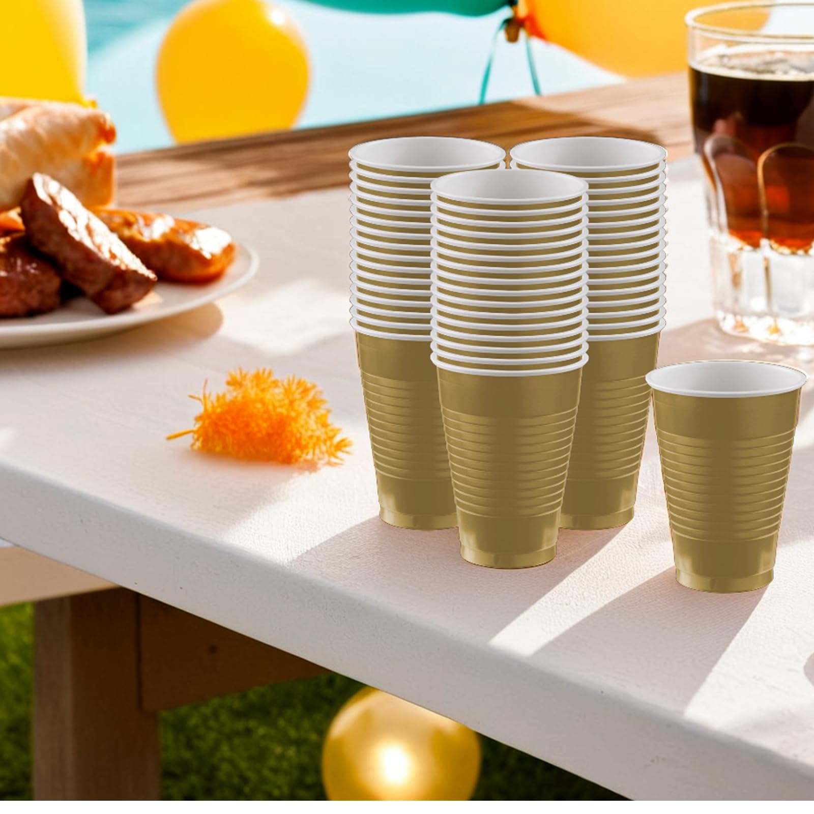 Amscan Premium Gold Plastic Cups (12 oz) 50 Count - Stackable, Heavy-Duty & Eco-Friendly Party Drinkware, Vibrant Color & Ultimate Durability