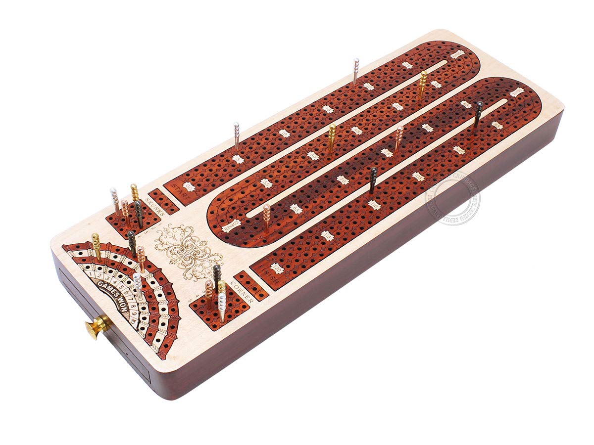 House of Cribbage - 4 Track Continuous Cribbage Board Inlaid in Bloodwood - Size: 13.5 Inches - Storage Drawer for Cribbage Pegs and Score Marking