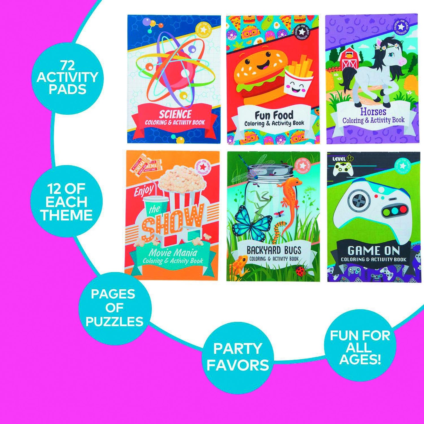 Fun Express 5" x 7" 12 pg. Bulk 72 Pc. Coloring Pages & Puzzles Activity Pad Assortment, Classroom, Dental and Medical Office Waiting Room Activities
