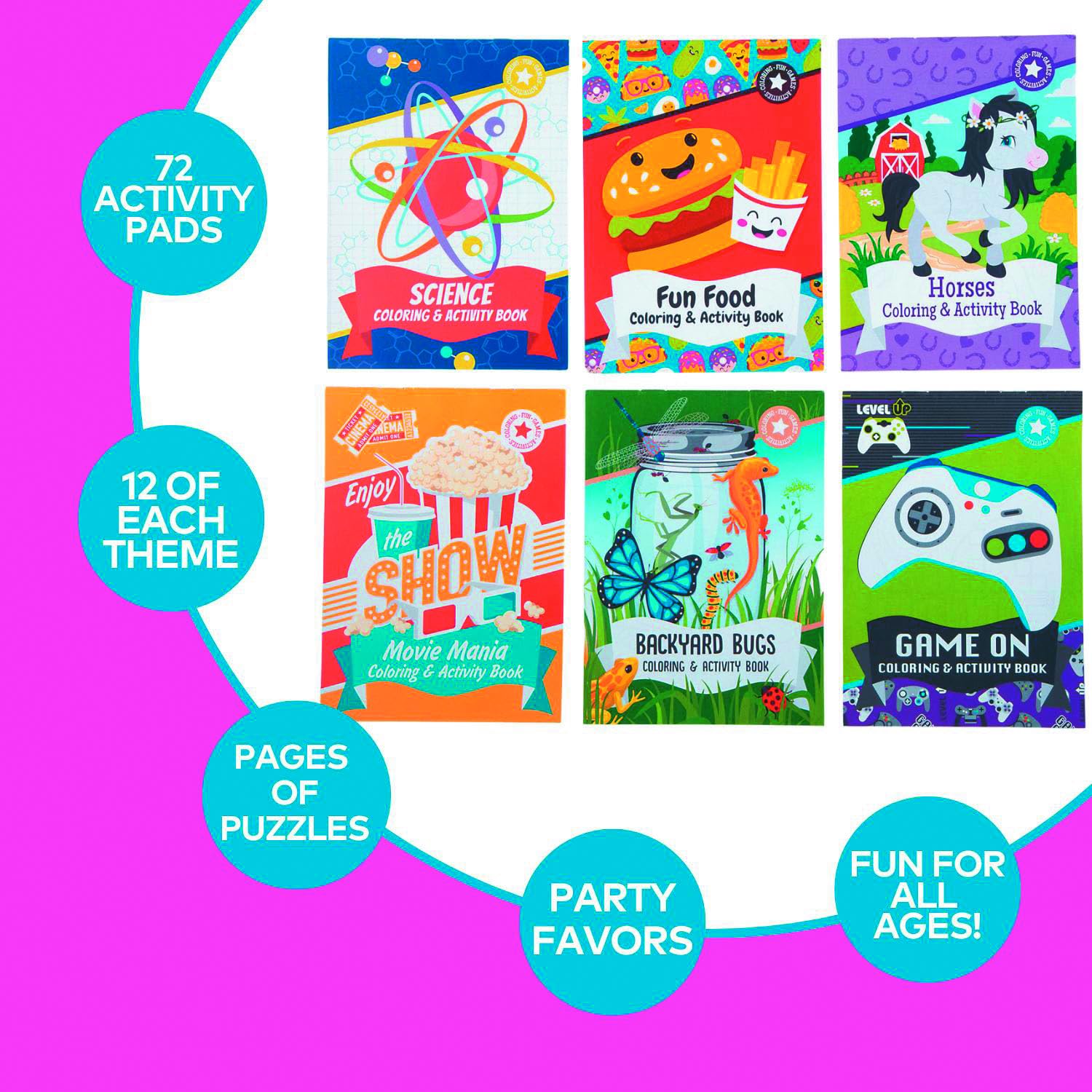 Fun Express 5" x 7" 12 pg. Bulk 72 Pc. Coloring Pages & Puzzles Activity Pad Assortment, Classroom, Dental and Medical Office Waiting Room Activities