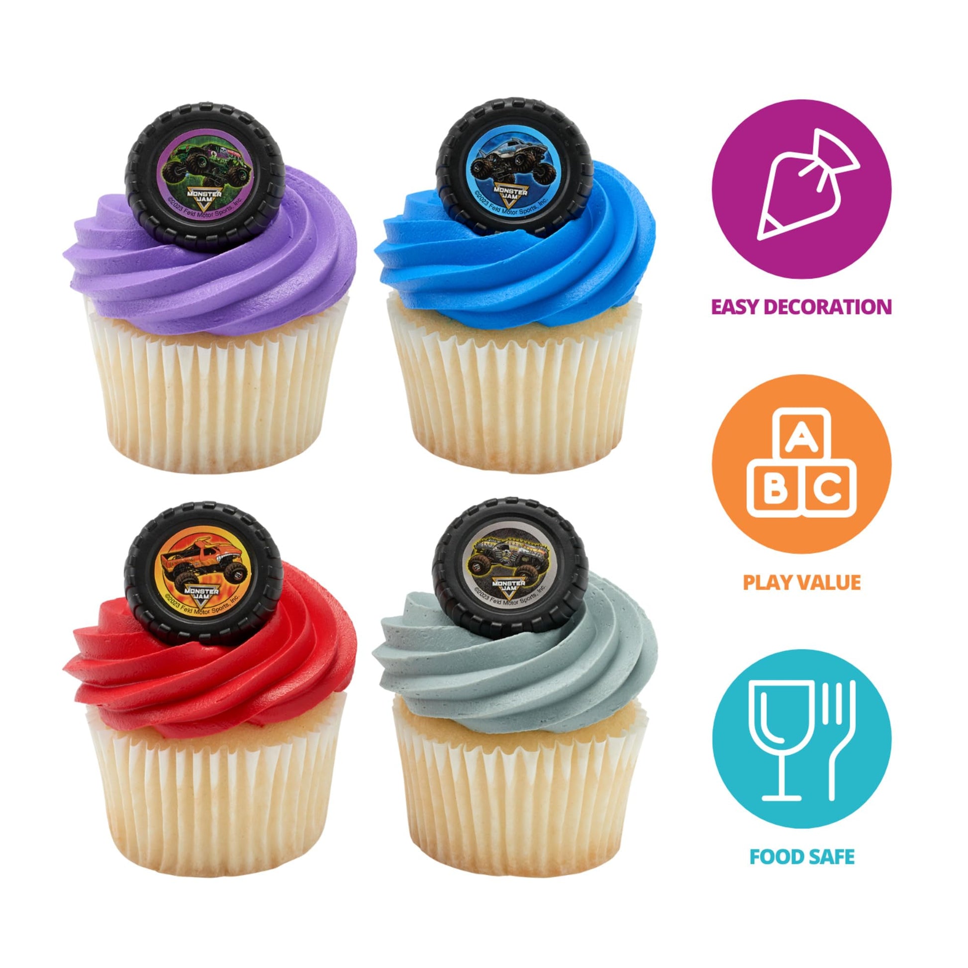 Monster Jam Rings, 24 Monster Truck Cupcake Toppers, Bright Colorful Truck Tire Cupcake Decorations, Food Safe - 24 Pack