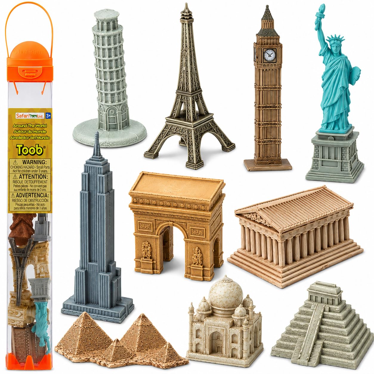 Safari Ltd. Around The World TOOB - 10 Figurines: Leaning Tower of Pisa, Eiffel Tower, Taj Mahal, Statue of Liberty, Giza Pyramids, & More