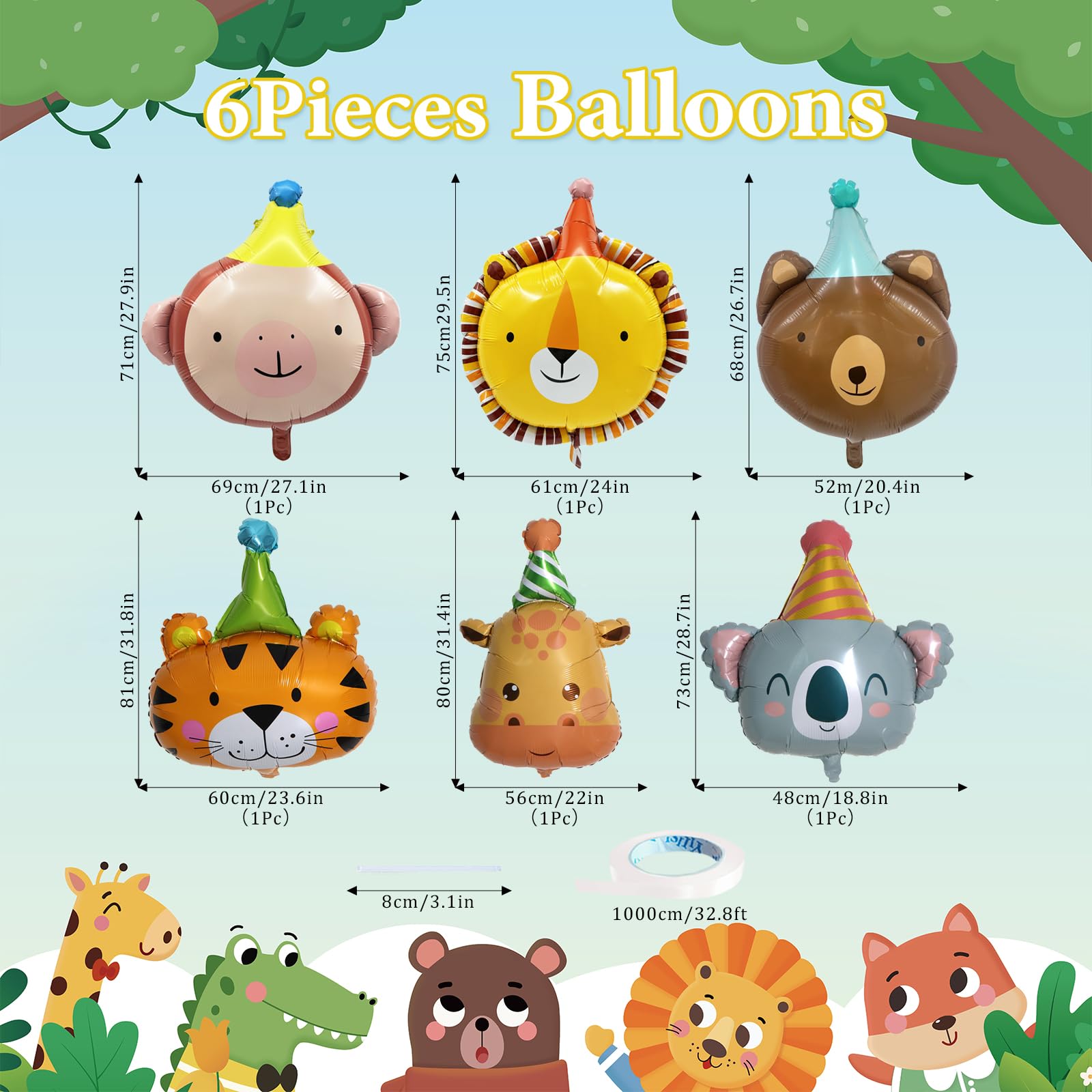 Paltianty 6Pcs Jungle Animal Foil Balloon Set, Lion Tiger Giraffe Monkey Koala Bear Balloons with Straw and Ribbon for Safari Birthday Party Decor