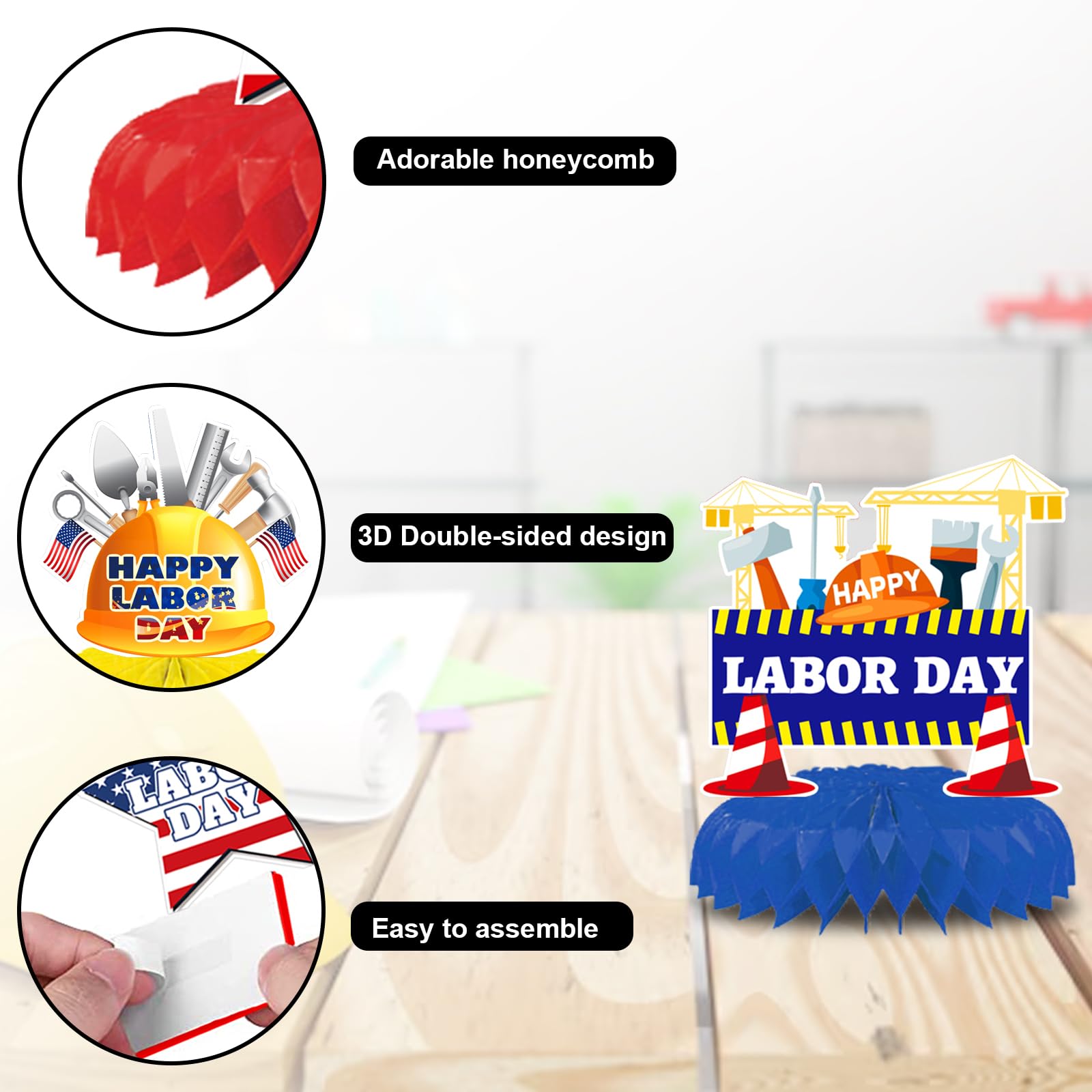 ABTOLS 9pcs Labor Day Party Decorations 3D Labor Day Honeycomb Centerpiece for Patriotic Party Decorations, Happy Labor Day Honeycomb Centerpieces