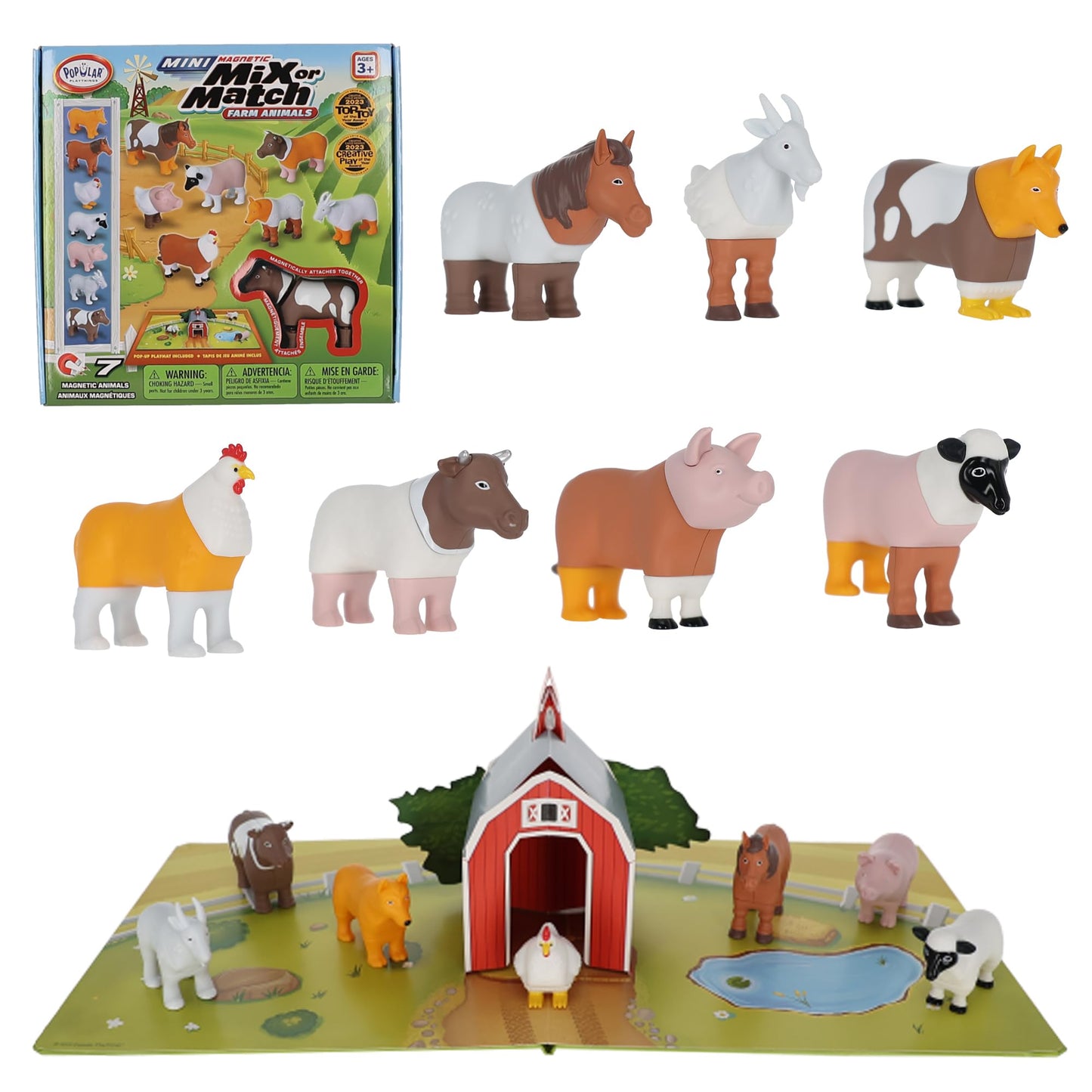POPULAR PLAYTHINGS Magnetic Animals for Toddlers 1-3, Mini Mix or Match Animal Toys, Set of 7 Gift for Kids - Farm Animals with Pop-up Playmat