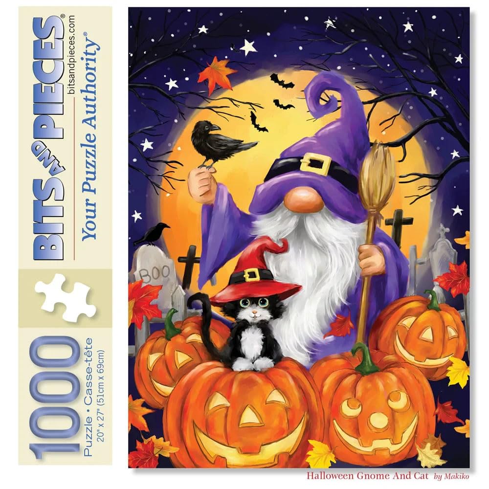 Bits and Pieces 1000 Piece Puzzles for Adults - Large 20" x 27" Jigsaw Puzzles 1000 Pieces Gnome Witch Black Cat Jack-o-Lantern, Random Die Cut, No 2
