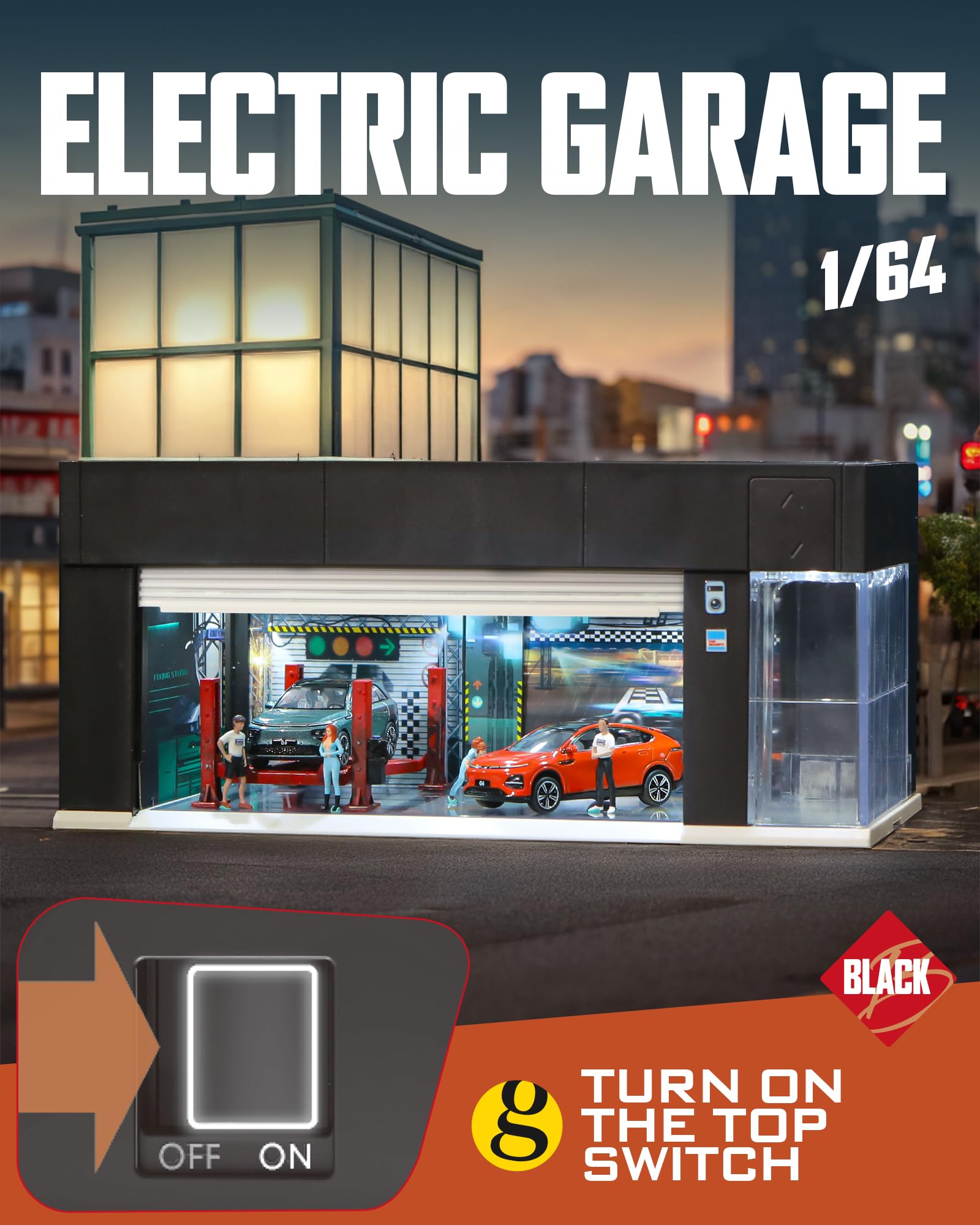 MOCBURIKU 1/64 Scale Diecast Display Case for Hot Wheel Storage with LED Lights, Stackable Electric Garage with Voice Control, 3 Replaceable 3D Scenes