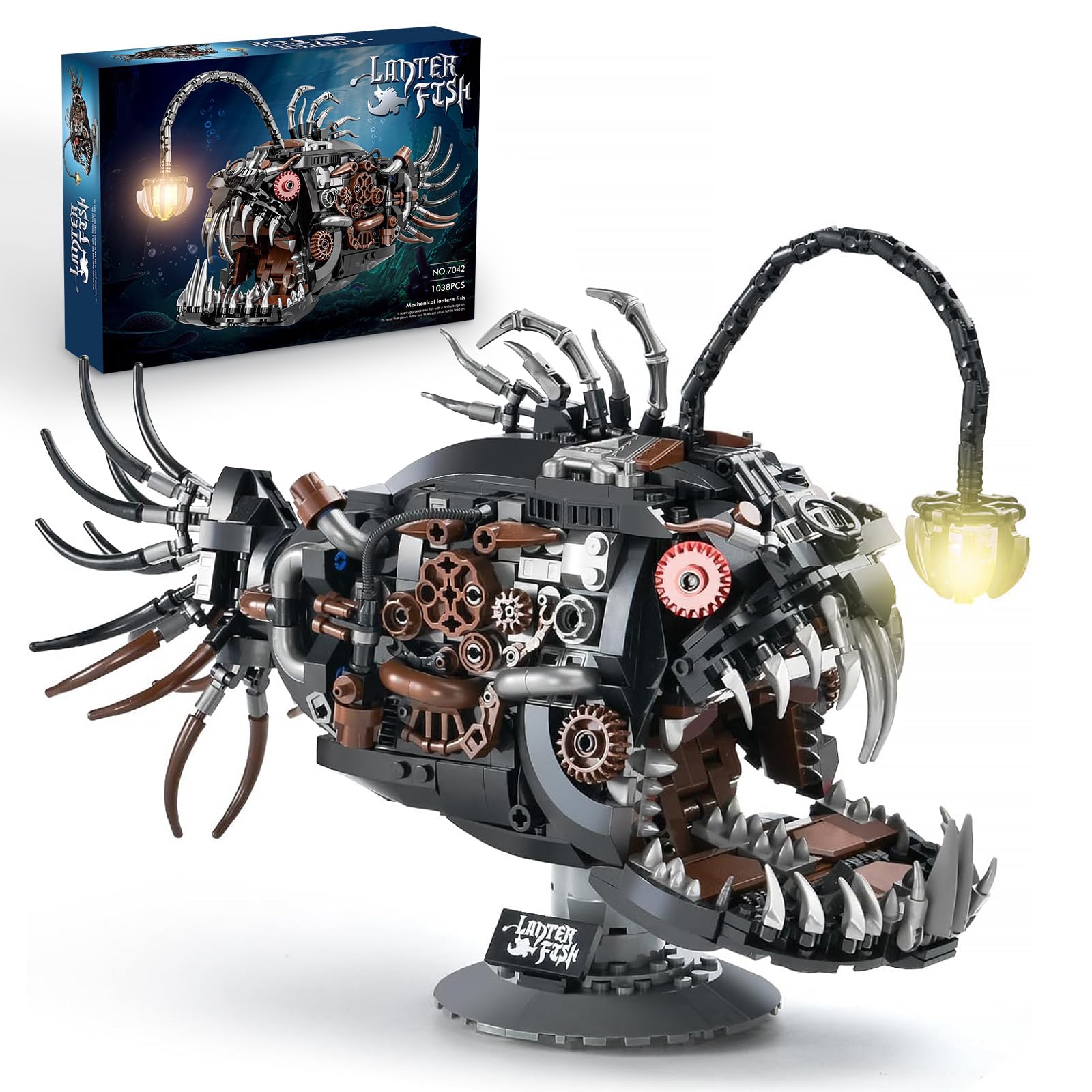 Vziimo Mechanical Lantern Fish Building Set, MOC Ocean Animal Building Kit with Light, Creative Ocean Fish Animal for Home Office Decor, STEM Gift