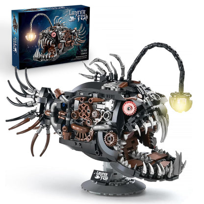 Vziimo Mechanical Lantern Fish Building Set, MOC Ocean Animal Building Kit with Light, Creative Ocean Fish Animal for Home Office Decor, STEM Gift