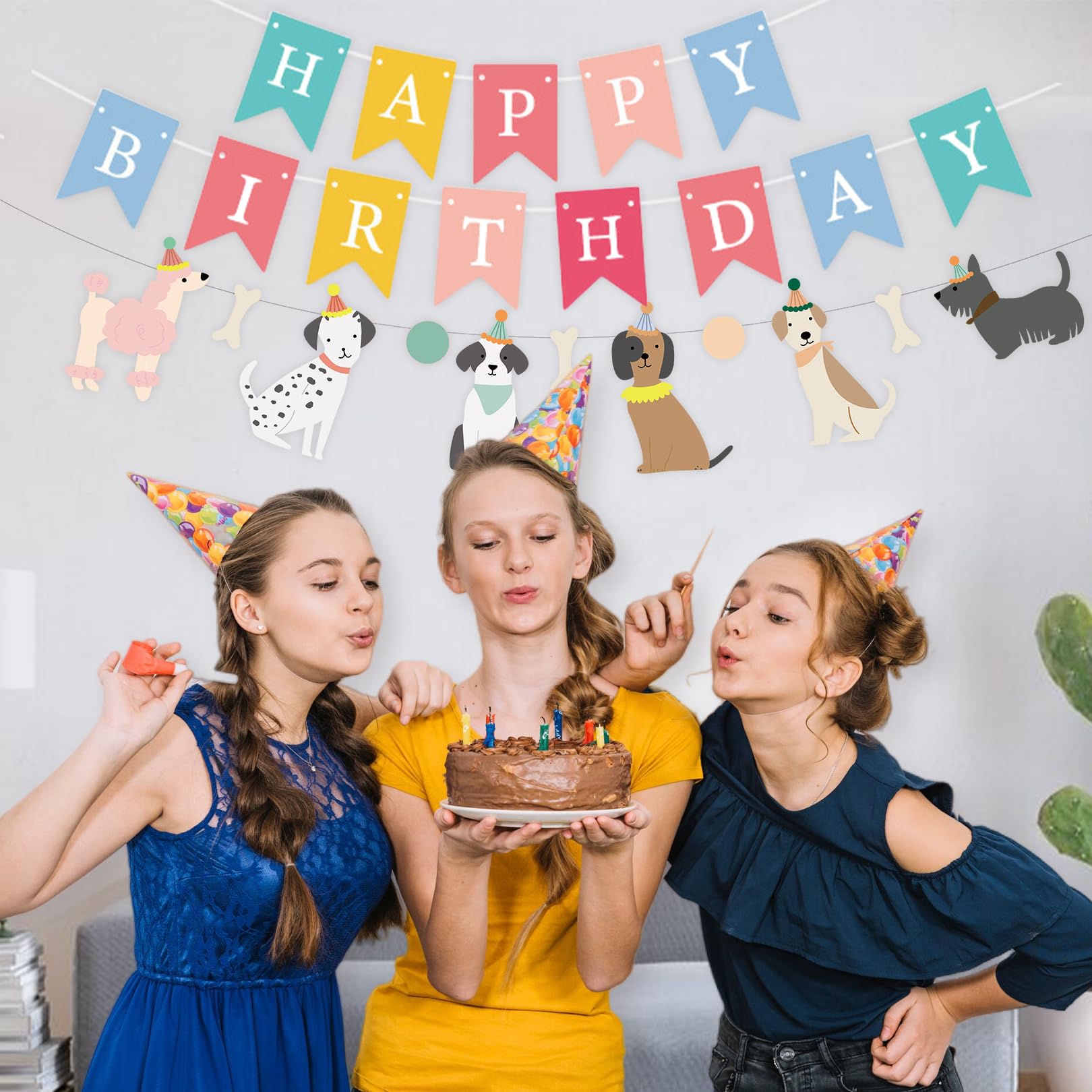 PANRRPERS Dog Themed Banner Happy Birthday Banner Backdrop Colorful Decoration Kids Baby Dog Birthday Party Supplies