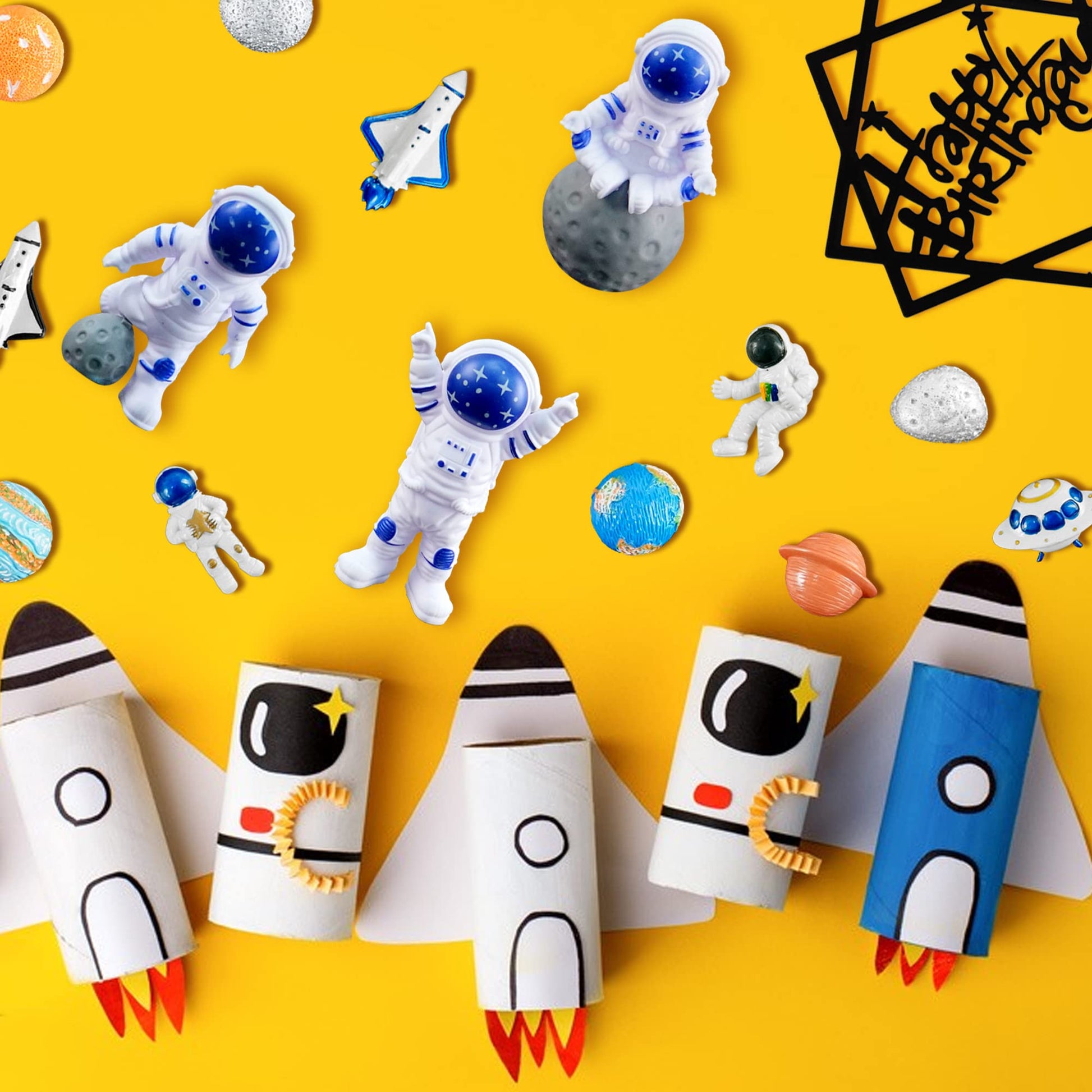 40PCS Astronaut Cake Toppers - Outer Space Astronaut Figurine Meteorite Planet Rocket Stars and Gold Silver Ball Space Theme Cake Decorations