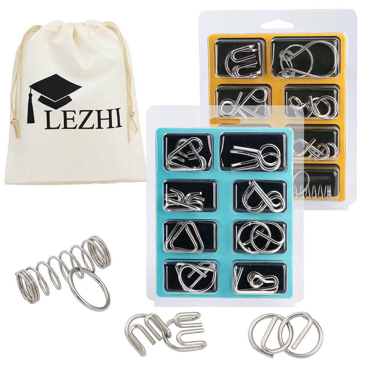 Lezhi IQ Toys-AB A+B Test Mind Game Brain Teaser Wire Magic Trick Toy IQ Puzzle Set (Pack of 16), Metallic