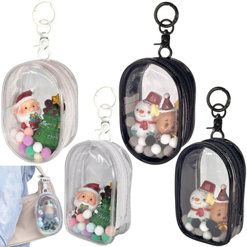 4pcs Clear Figure Display Bag with Keychain Pompom Ball Portable Mini Doll Pouch Carrying Case Blind Box Figures Display Case for Collectibles Zipper