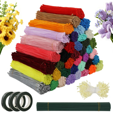 1300 Pcs Pipe Cleaners Craft Set, Chenille Stems in 13 Colors, 30 Flower Stalks, 2 Rolls Floral Tape, Pearl Stickers and Stamens, 11.8 in Bendable