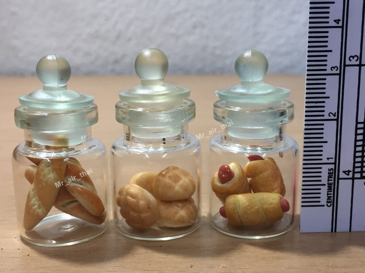 3pc Miniature Food Chocolate Cookie Cake Dollhouse Candy Donut Bread in Clear Glass Mini Bottle Fruit Food #MF065