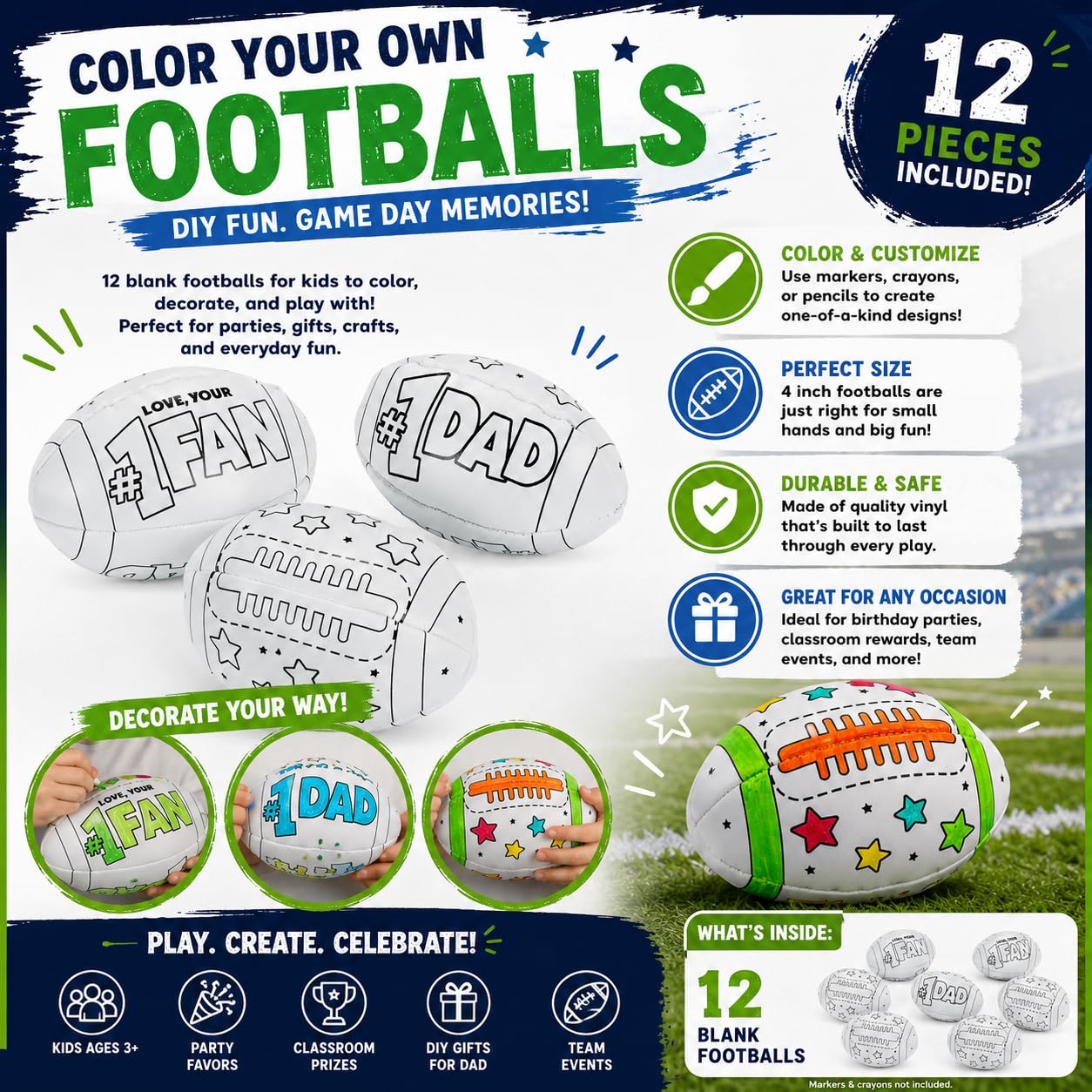 Fun Express Color Your Own Football Crafts for Kids - Set of 12 Small Footballs | DIY Gifts for Boys 8-12 | Football Party Favors & 4 Inch Themed