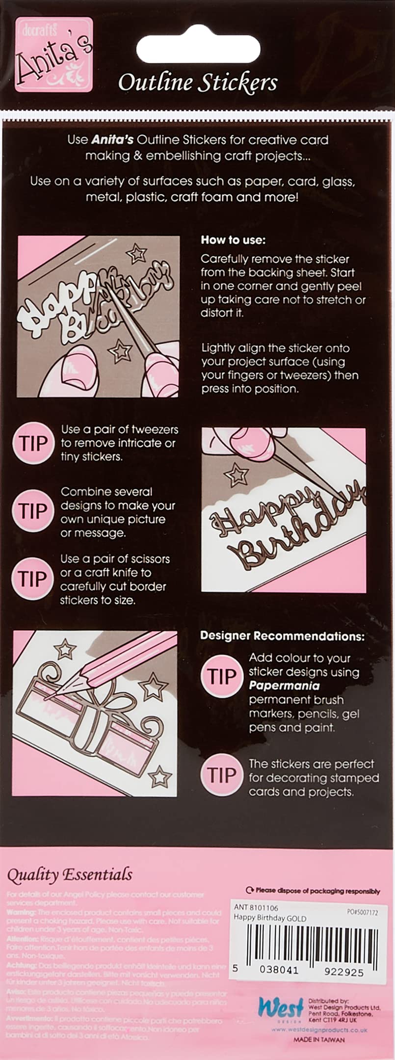 Anitas Outline Stickers, Happy Birthday, Gold, for Scrapbooking, Card Making, Kids Play, Homework, Art, Craft, Embelish, Decorative, Paper, Card