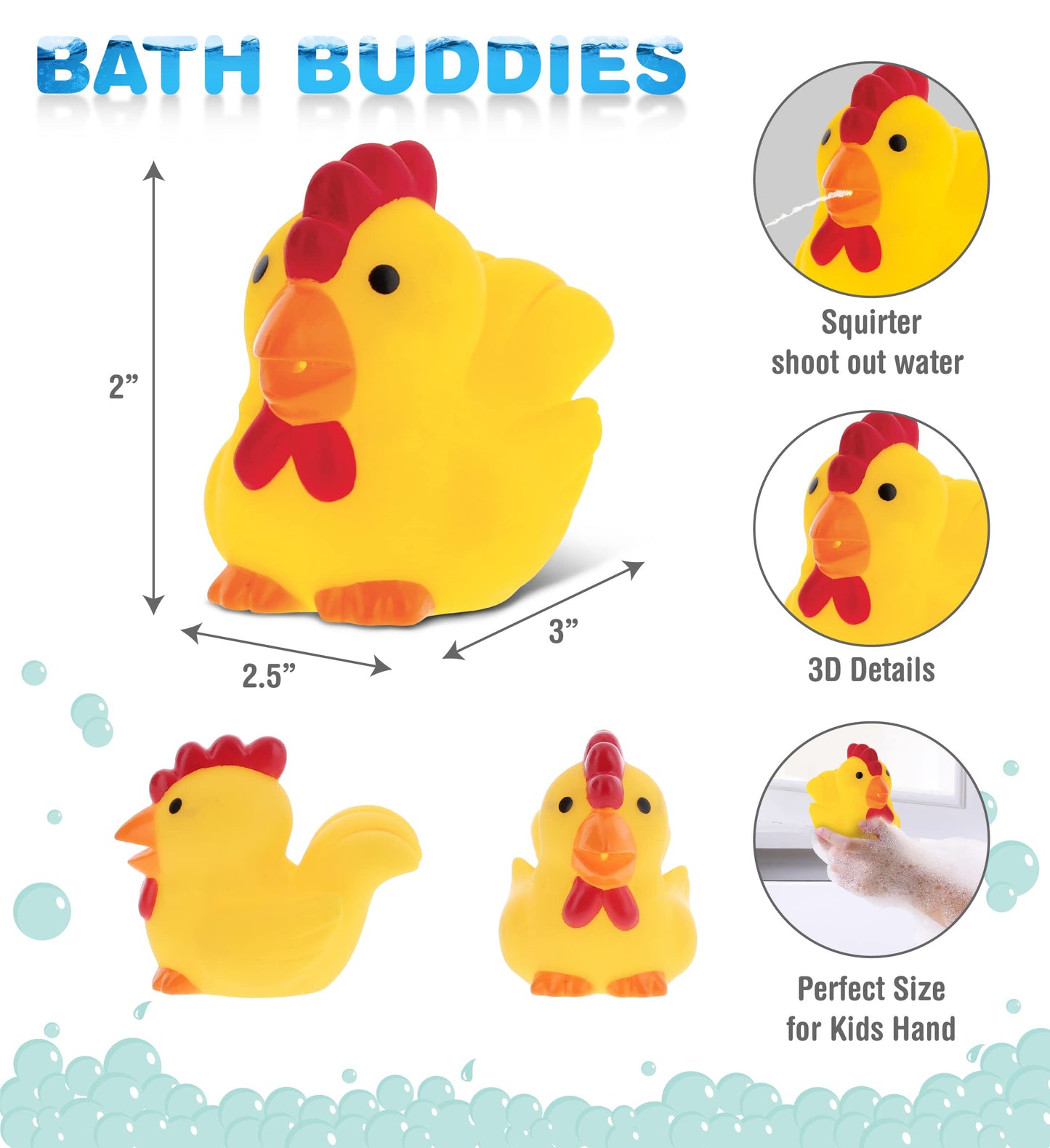 DolliBu Rooster Bath Buddy Squirter - Floating Yellow Chicken Rubber Bath Toy, Fun Water Squirting Bathtime Play For Toddlers, Cute Farm Barn Animal