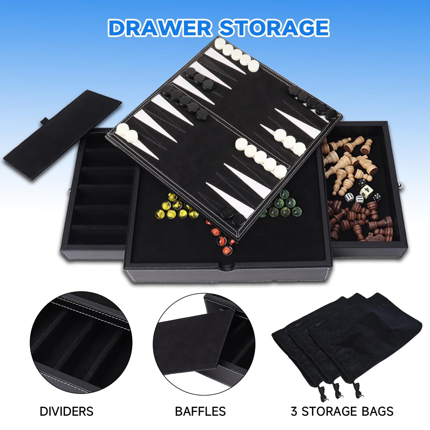GSE Games & Sports Expert 12.5" Premium Leather 5-in-1 Chess, Checkers, Backgammon, Chinese Checkers, and Poker Dice Board Game Combo Set for Kids