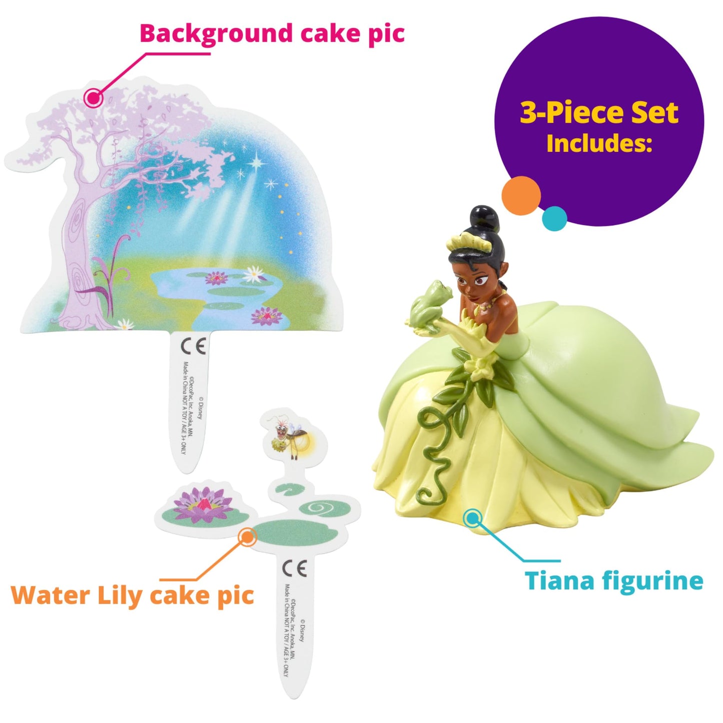 DecoSet® Disney Princess Tiana Cake Topper, 3-Piece Cake Decoration With Tiana And Frog Figurine, Water Lily Pic, And Background Scenery Pic