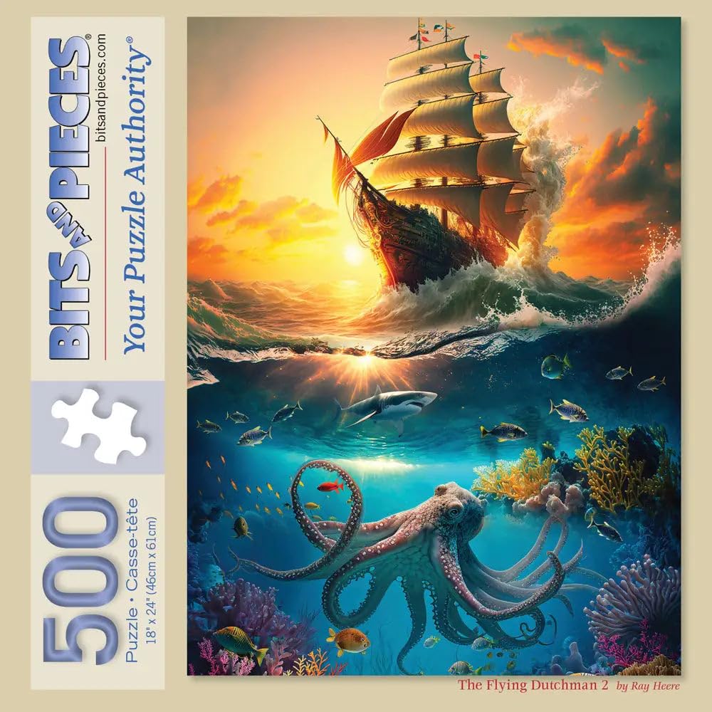 Bits and Pieces - 500 Piece Jigsaw Puzzle for Adults - The Flying Dutchman 2 - Seven Seas Ship Octopus by Artist Ray Heere, Completed Puzzle Size: 18"
