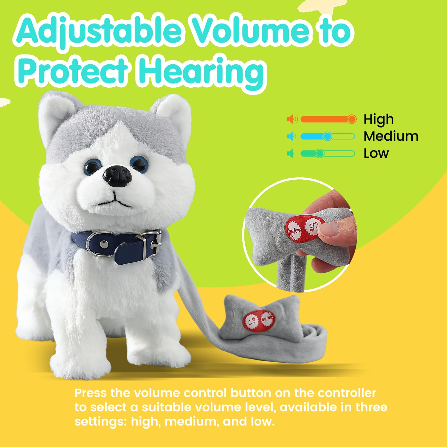 HCdoujoy Husky Walking Dog Barking Toy, Musical Singing Dancing Volume Control Interactive Puppy Walk Along with Leash, Wagging Tail Shaking Head