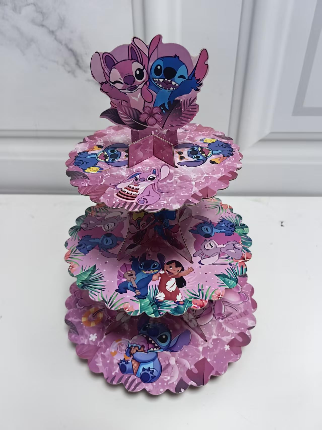 Stitch Cupcake Stand 3-Tier Pink with 24 Stitch Cupcake Toppers - Hawaiian Aloha Luau Birthday Party Decorations for Kids, Stitch Party Supplies
