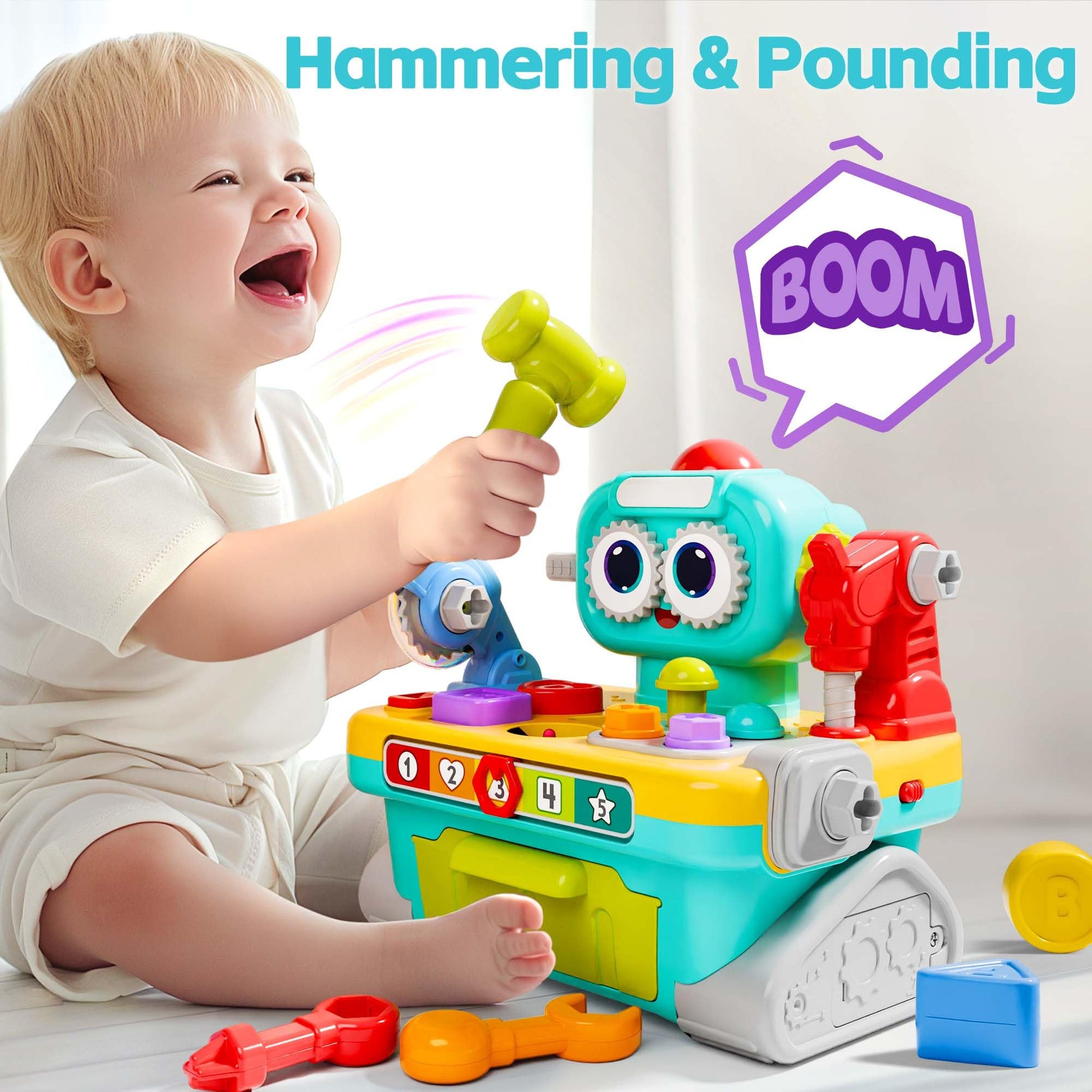 iPlay, iLearn Toddler Musical Workbench Toys for One Year Old Boys, Baby Pretend Play Tool Set, Infant Shape Sorter Activities, Kids Pounding Game