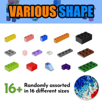 300Pieces Building Blocks Bricks Bulk, 16 Sizes Multiple Mixed Colors, Compatible with LEGO and All Other Brands