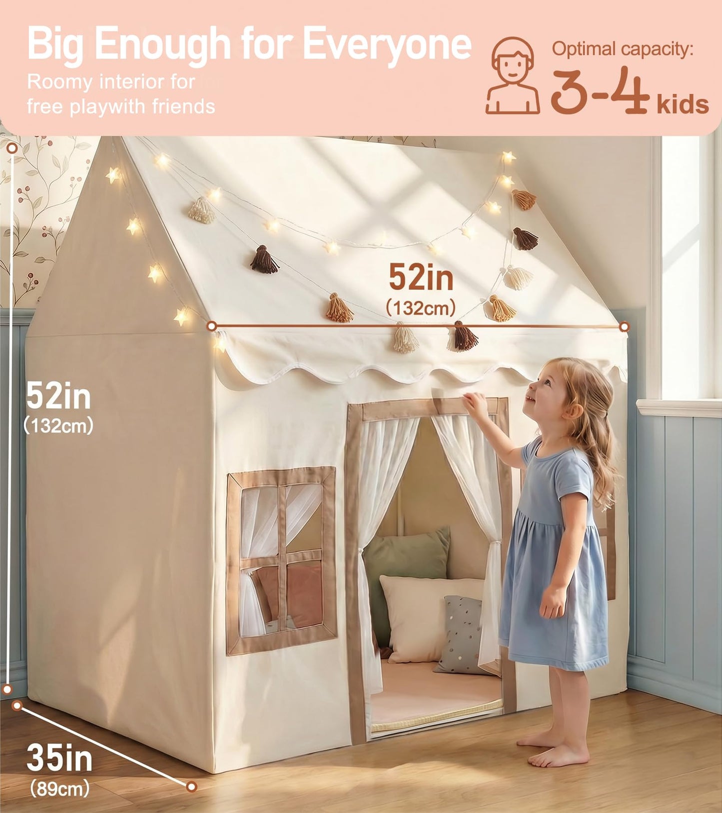 Play Tent with Mat, Star Light, Large Kids Playhouse with Windows Easy to Wash, Indoor and Outdoor Play Tents for Kids, Little Dove Toys for Girls