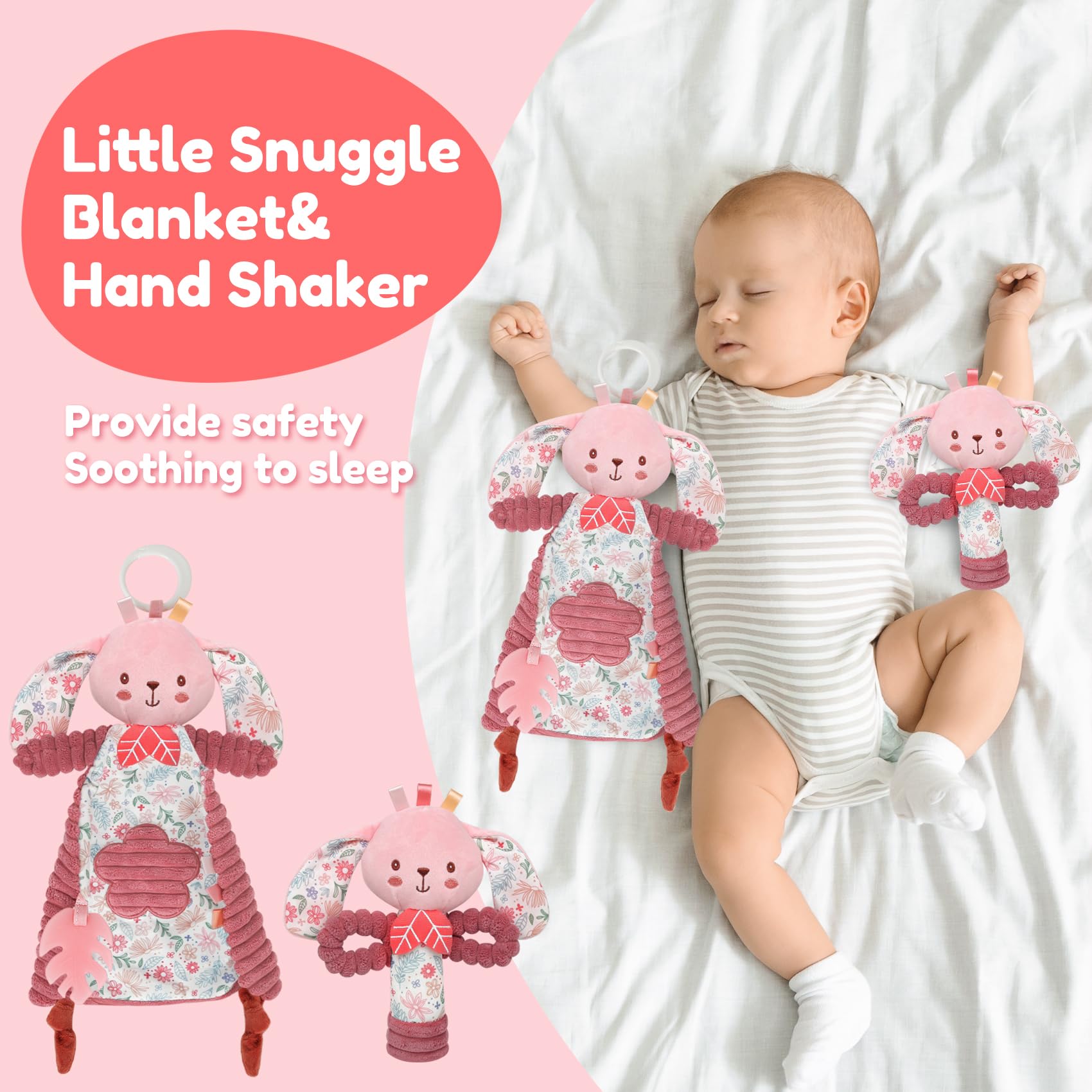 GKDOMS Baby Lovey Rabbit Stuffed Animal for Infant Boys and Girls, Security Blanket and Hand Shaker Set Newborn Stuffed Hanging Animal Plush Snuggle
