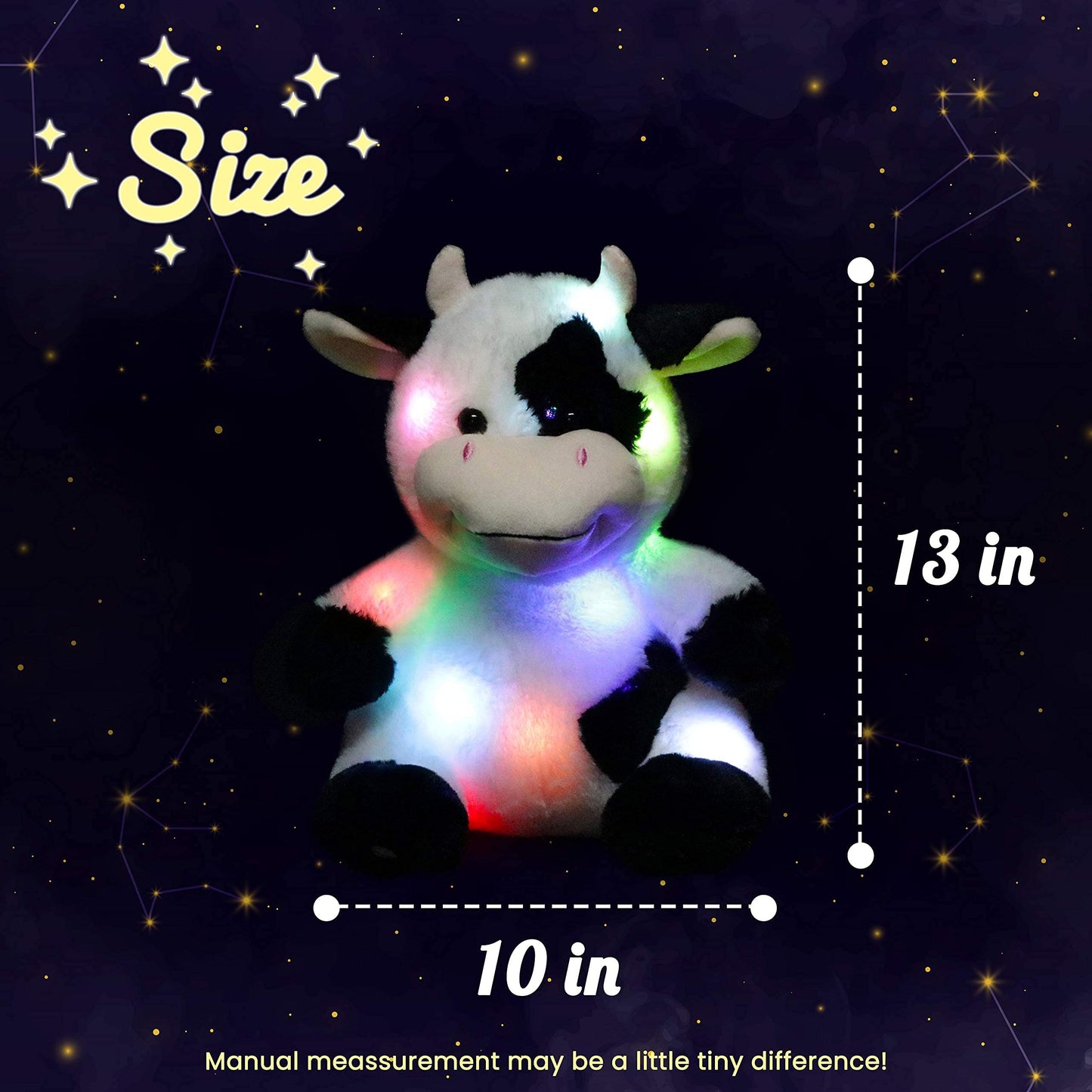 Hopearl LED Plush Cow Lighting Up Stuffed Animal Diary Cattle Floppy Night Lights Glow in The Dark Birthday Festival for Kids Toddler Girls, 13''