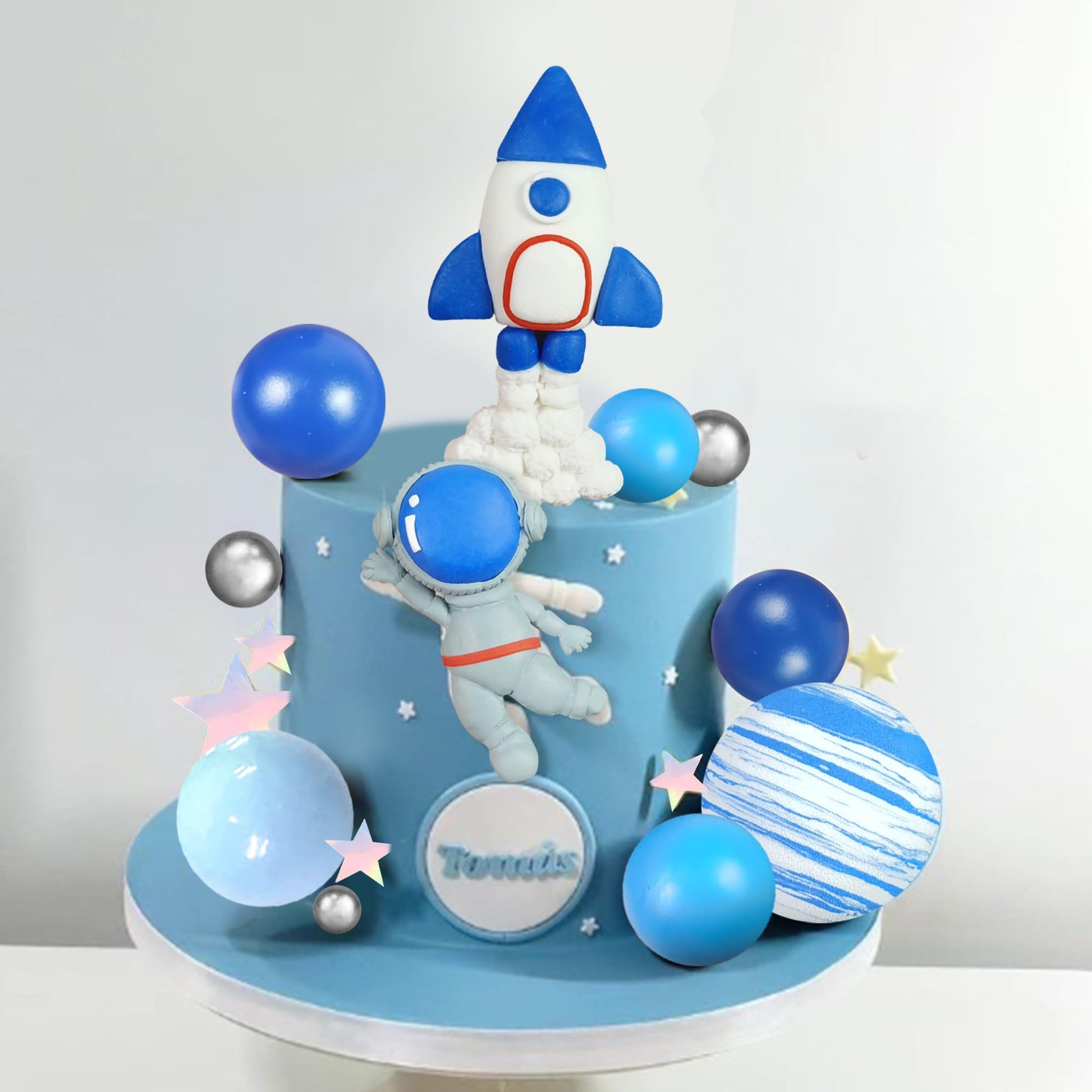 Clay Space Cake Toppers: Astronaut Figurines, Rocket Balls, Stars - Kids Space Theme Decorations for Birthday Party Supplies, Baby Shower