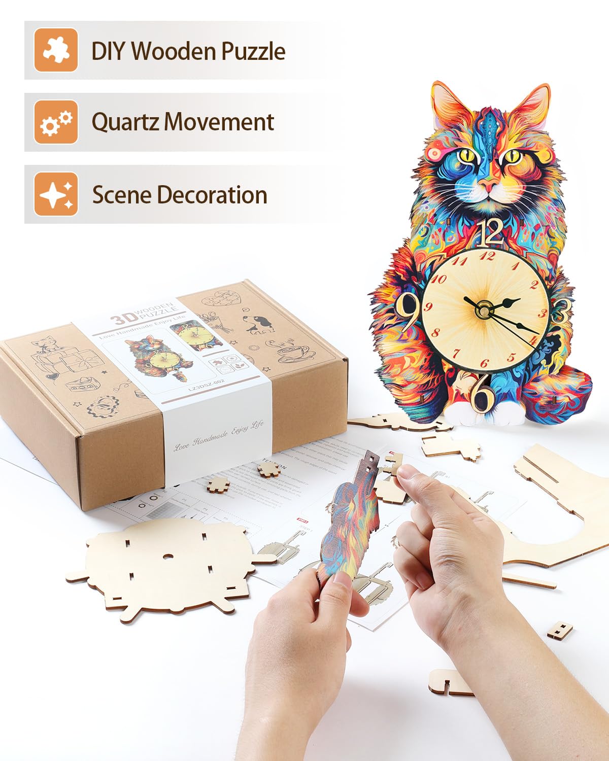 Rnfinewow 3D Wooden Puzzles for Adults, Maine Coon Cat Clock DIY Kit, Beginner 22 Pcs Wooden Puzzles, Birthday Christmas for Women Men Adults Teens