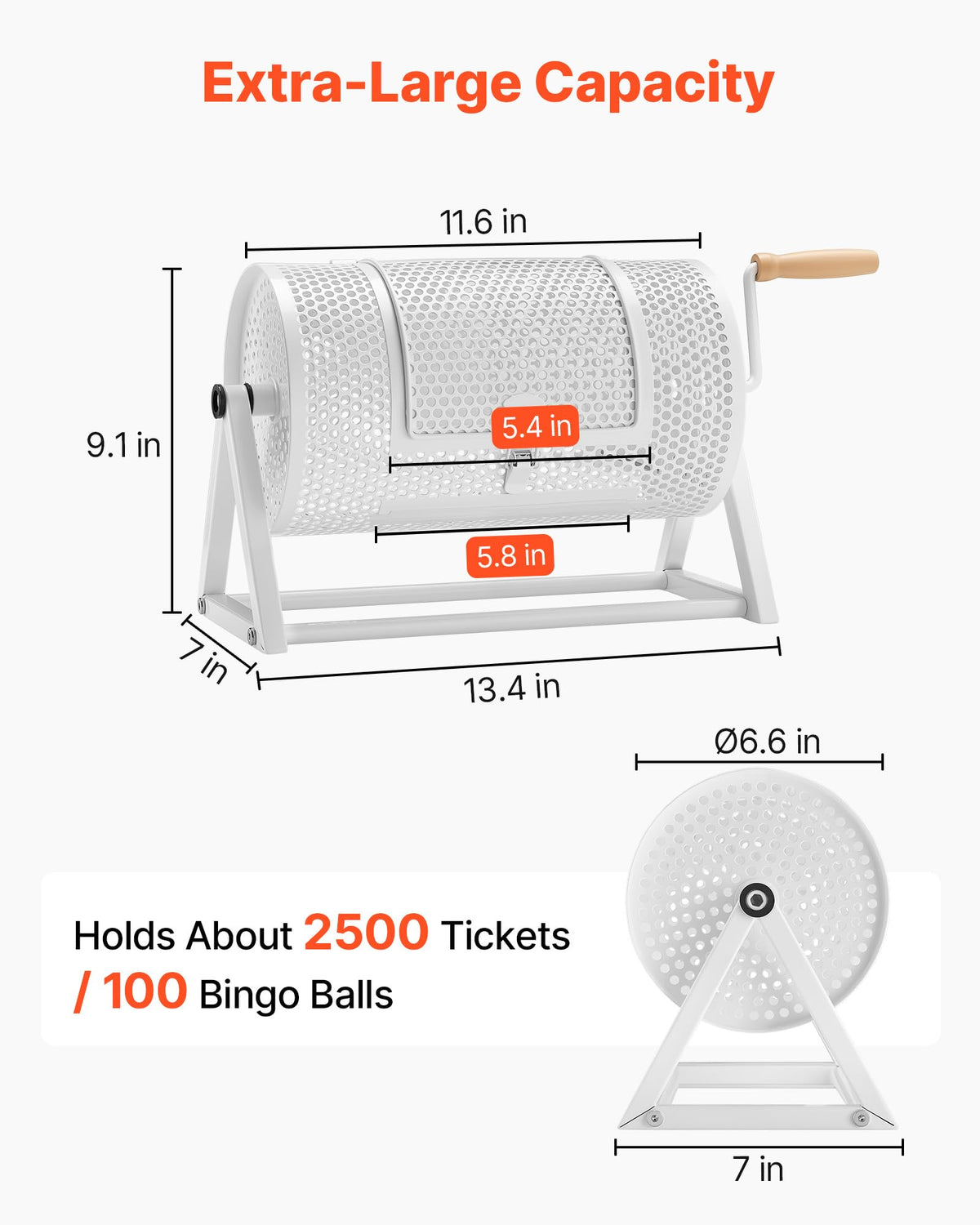VEVOR Raffle Ticket Spinner, 11.6" x 6.6" Holds 2500 Tickets or 100 Ping Pong Balls, Raffle Drum Lottery Spinning Cage with Reinforced Handle, Stable