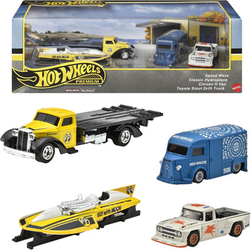 Hot Wheels Premium Collector Set, 4 Die-Cast Vehicles, Speed Waze, Classic Hydroplane, Citroen H Van, Toyota Stout Drift Truck