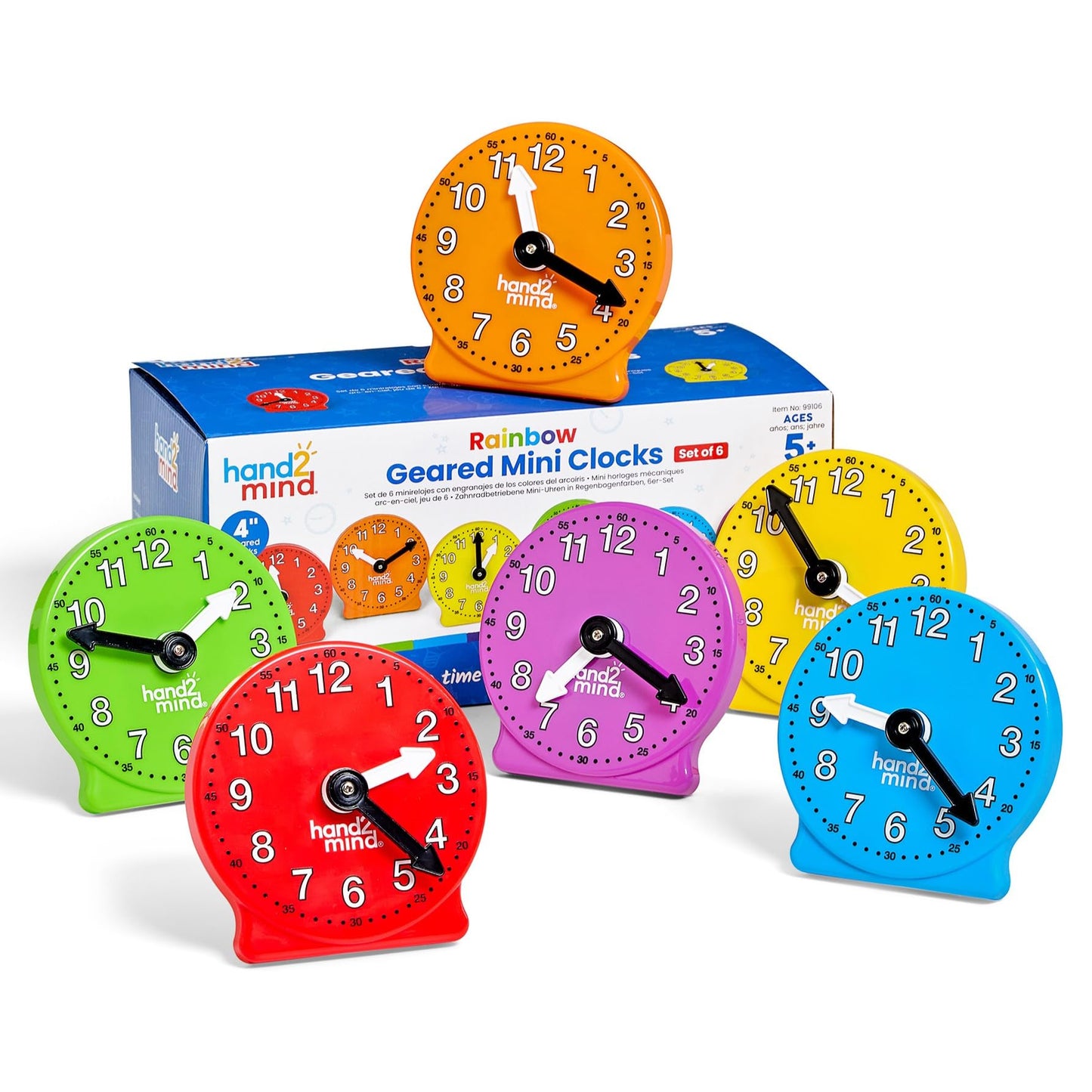 hand2mind Rainbow Geared Mini Learning Clock Set of 6, Analog Teaching Clocks for Kids, Movable Hands, Telling Time Math Manipulatives, Classroom