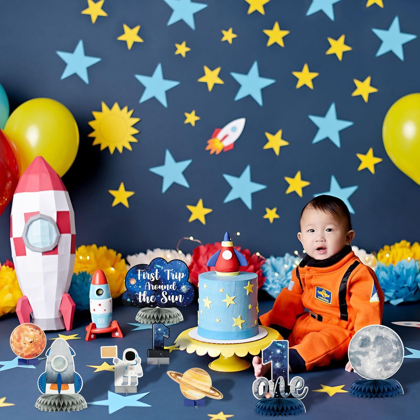 ANGOLIO 12Pcs Outer Space 1st Birthday Honeycomb Centerpiece Party Supplies